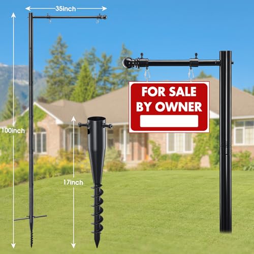 JAOTREL 100" Heavy-Duty Alloy Real Estate Sign Post Commercial Yard Sign with 35" Arm & 200lb Windproof Clips - Rust-Proof Steel Stake for Realtor, Open House, Business Hours (Sign Not Included) - Image 4
