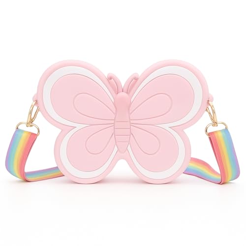 FOMQUAZLI Butterfly Kids Crossbody Bag for Girls | 1 Pc Cute Silicone Sling Bag with Adjustable Strap | Lightweight Mini Purse for Birthday Gift, Travel, Toy Storage – Pink - Image 1