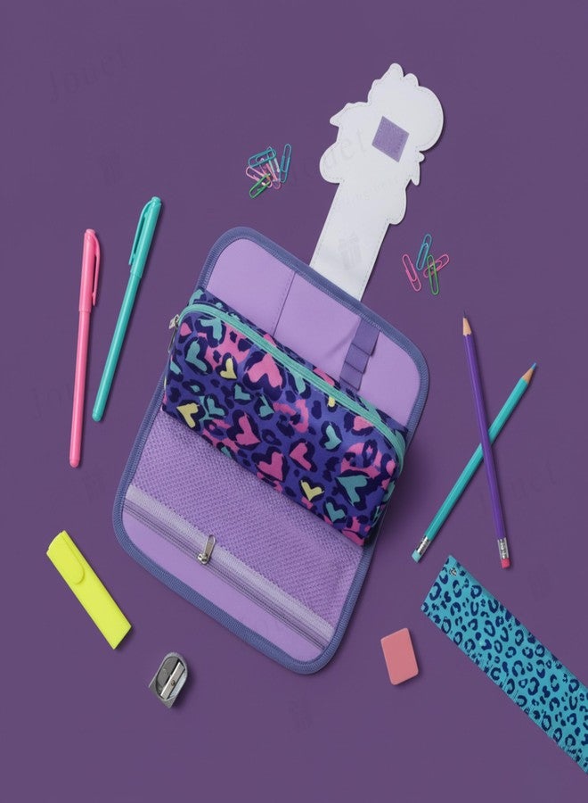 JOUET Leopard Print Cat Pencil Pouch for Girls Three-Compartment Roll-Up Stationery Organizer Large Capacity Fabric Case with Flap and Velcro Closure (Purple) - Image 5