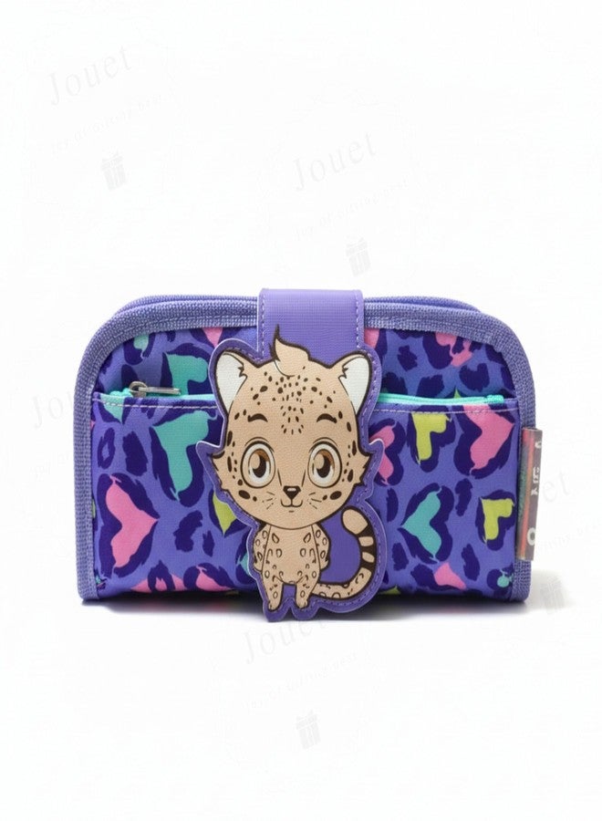 JOUET Leopard Print Cat Pencil Pouch for Girls Three-Compartment Roll-Up Stationery Organizer Large Capacity Fabric Case with Flap and Velcro Closure (Purple) - Image 2