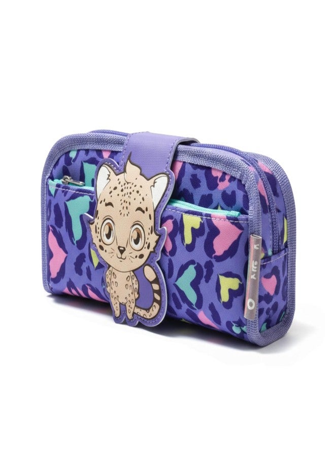 JOUET Leopard Print Cat Pencil Pouch for Girls Three-Compartment Roll-Up Stationery Organizer Large Capacity Fabric Case with Flap and Velcro Closure (Purple) - Image 1