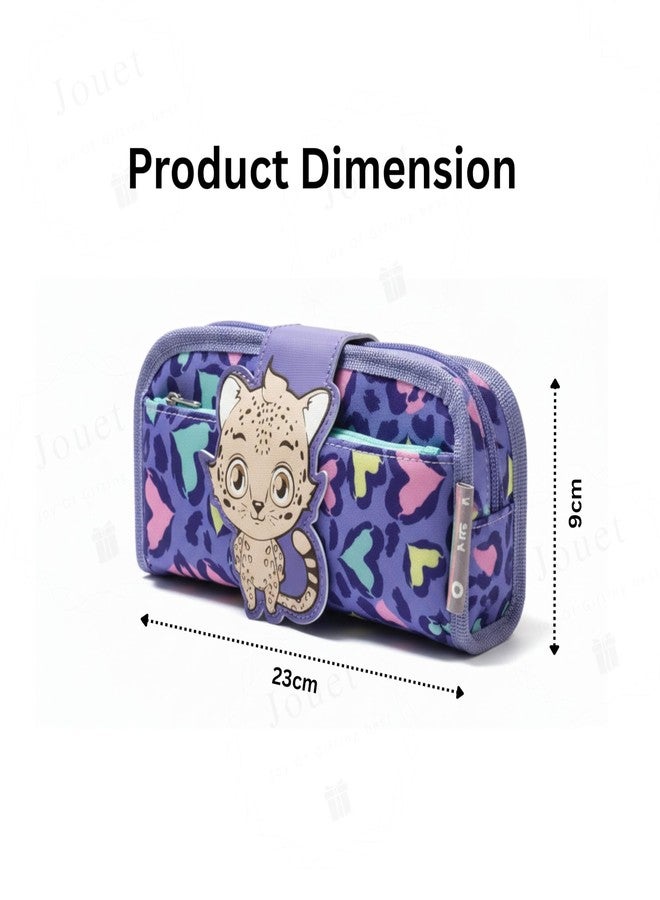 JOUET Leopard Print Cat Pencil Pouch for Girls Three-Compartment Roll-Up Stationery Organizer Large Capacity Fabric Case with Flap and Velcro Closure (Purple) - Image 4
