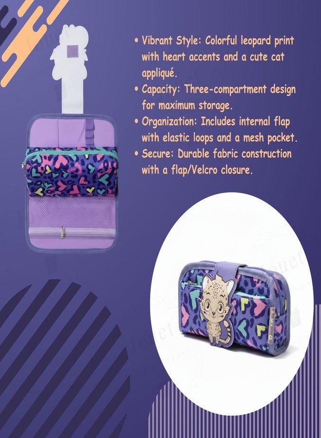 JOUET Leopard Print Cat Pencil Pouch for Girls Three-Compartment Roll-Up Stationery Organizer Large Capacity Fabric Case with Flap and Velcro Closure (Purple) - Image 3