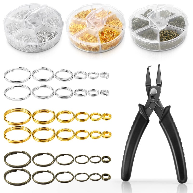 FSWCCK Split Rings for Jewelry Making 2070 PCS Double Loops Split Jump Ring with Ring Pliers Mini Metal Ring Pliers Connectors 4mm to12mm and DIY Crafts Silver Gold and Bronze
