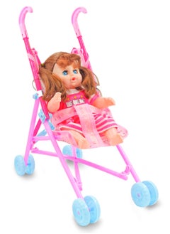 LB Doll Stroller with Baby Doll – Foldable Toy Stroller with Safety Straps & Wheels – Pretend Play for Kids  - Image 1