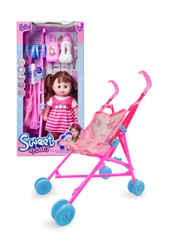 LB Doll Stroller with Baby Doll – Foldable Toy Stroller with Safety Straps & Wheels – Pretend Play for Kids  - Image 2