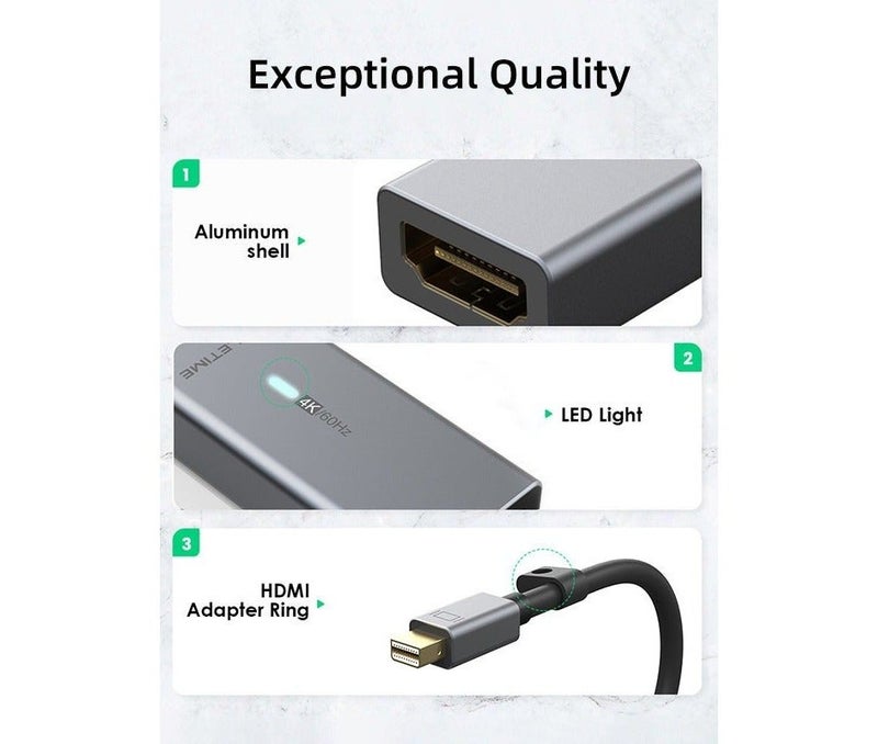 كابل تايم كابل محول عالي الجودة من منفذ Mini DisplayPort إلى HDMI من Cabletime، يدعم الصوت والفيديو بدقة 4K/60 هرتز، غلاف PVC أسود، مزود بمؤشر LED وحلقة. - Image 3