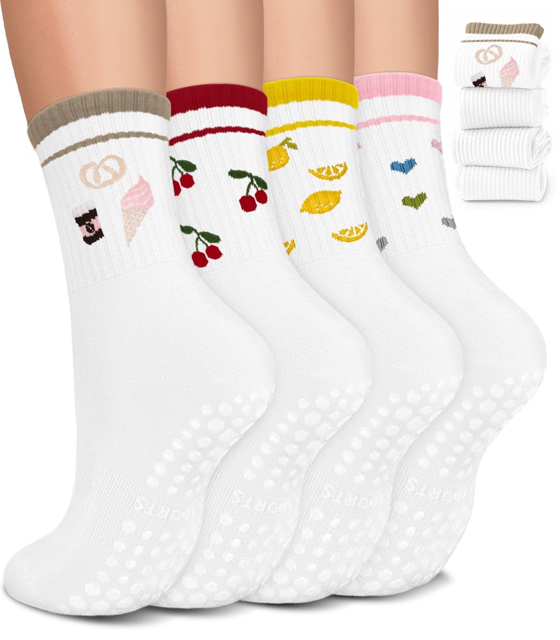 BLONGW Pilates Socks for Women, Non Slip Grip Socks for Yoga, Barre, Hospital, Grippy Socks Womens Gifts Home Workout Dance Ballet Gym Outfits Sticky Barefoot Slipper Non Skid White Socks, 4 Pack - Image 1