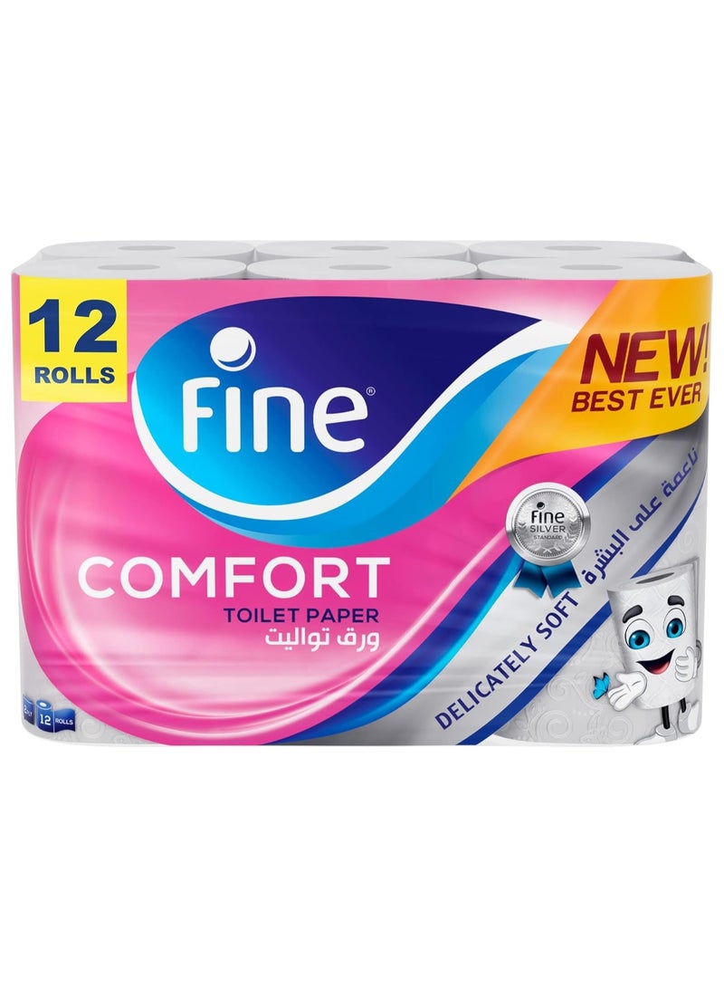 Fine Comfort Toilet Paper 2 Ply, 12 Rolls x 180 Sheets, Absorbent Toilet Roll - Image 1