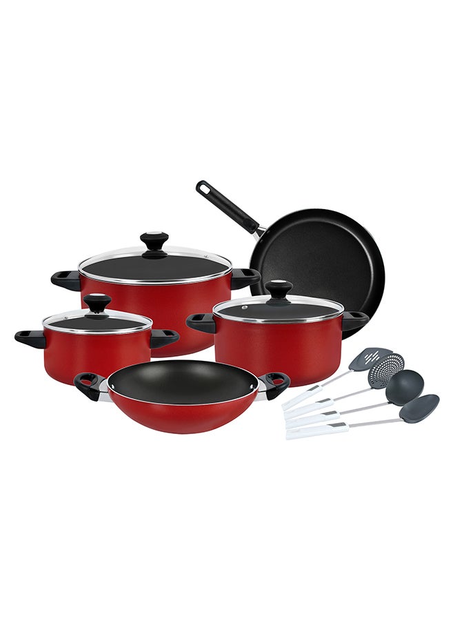 Prestige 12-Piece Classique Non-Stick Coating Durable Material Stylish and Elegant Design Multipurpose Cookware Set Includes Casserole With Glass Lid 20 cm, Casserole With Glass Lid 24 cm, Casserole With Glass Lid 28 cm, Wok28 cm, Skillet28 cm, Soup Ladle, Skimmer, Solid Spoon, High Backturner Red - Image 1