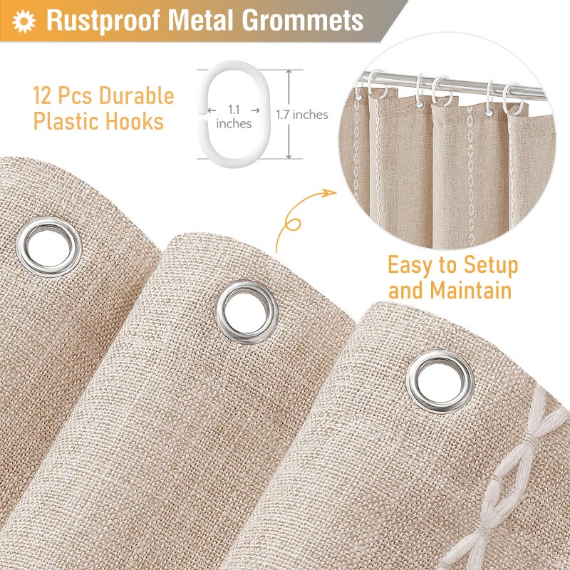 BTTN Boho Farmhouse Shower Curtain, Linen Rustic Heavy Duty Striped Fabric Shower Curtain Set with Tassel, Water Repellent, Bohemian Vintage Country Cloth Shower Curtain for Bathroom, Tan/Taupe, 72x72 - Image 5