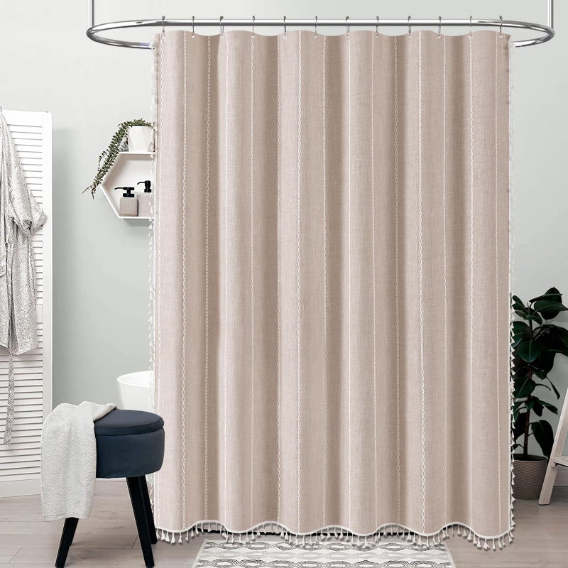 BTTN Boho Farmhouse Shower Curtain, Linen Rustic Heavy Duty Striped Fabric Shower Curtain Set with Tassel, Water Repellent, Bohemian Vintage Country Cloth Shower Curtain for Bathroom, Tan/Taupe, 72x72 - Image 2