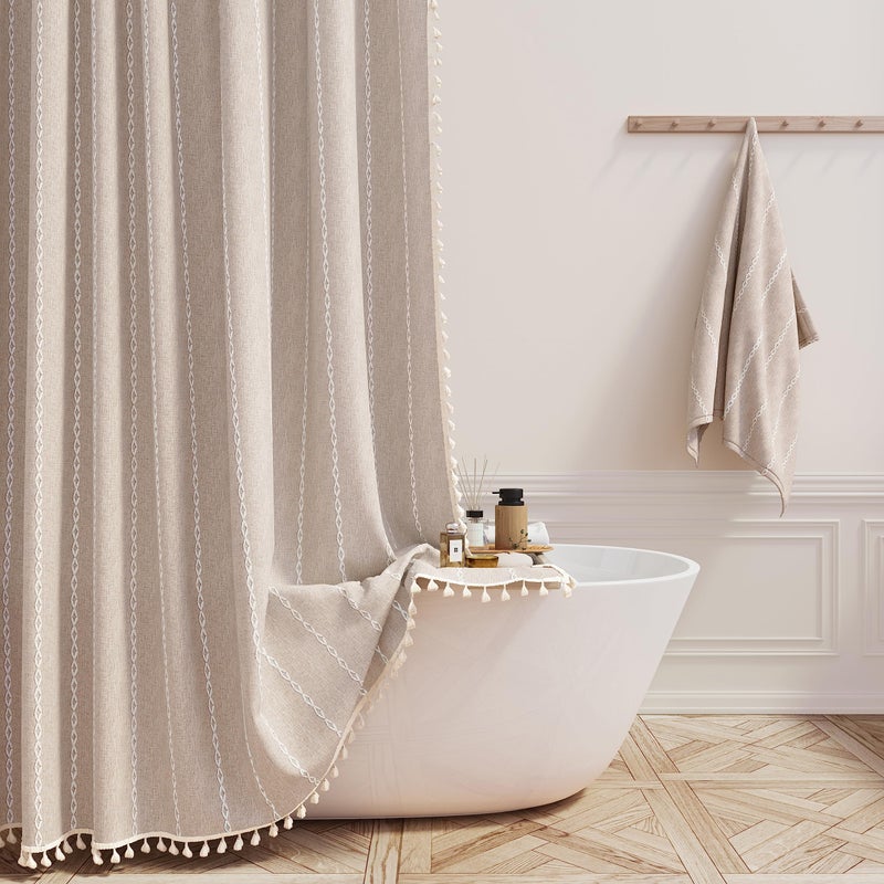 BTTN Boho Farmhouse Shower Curtain, Linen Rustic Heavy Duty Striped Fabric Shower Curtain Set with Tassel, Water Repellent, Bohemian Vintage Country Cloth Shower Curtain for Bathroom, Tan/Taupe, 72x72 - Image 1