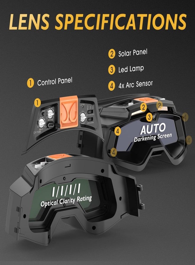 TOOLIOM Auto Darkening Welding Goggles, 4 Arc Sensor Eye Protection Safety Goggles Welding Glasses with 𝐋𝐄𝐃 𝐋𝐢𝐠𝐡𝐭𝐢𝐧𝐠 & 𝐓𝐘𝐏𝐄-𝐂 𝐂𝐡𝐚𝐫𝐠𝐢𝐧𝐠 - Image 4