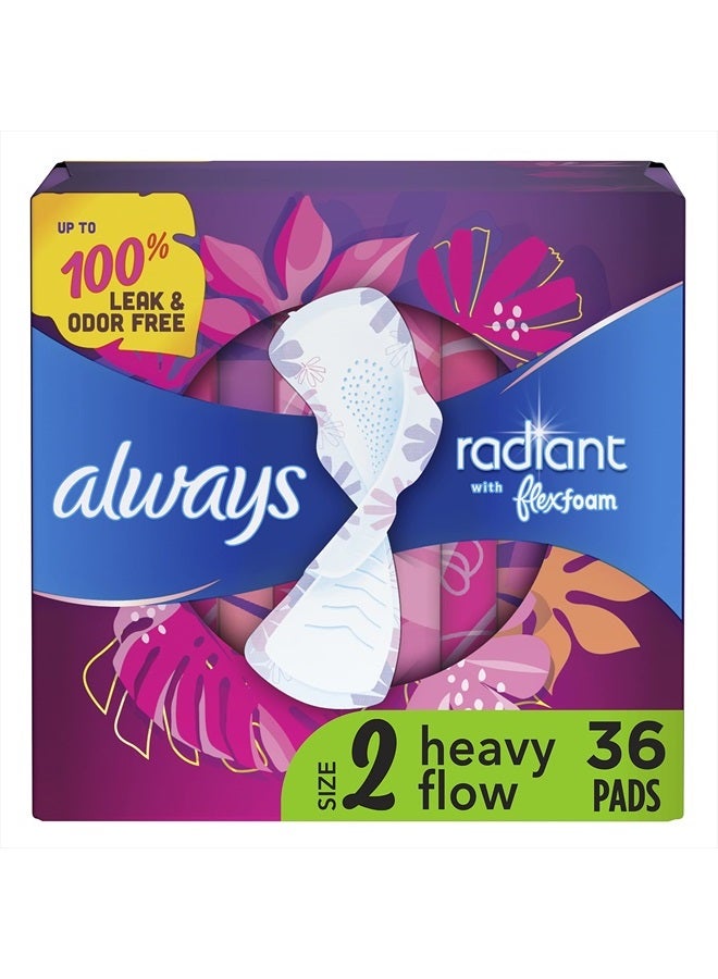Always Radiant Feminine Pads for Women, Size 2 Heavy, with wings, scented, 36 count - Image 1