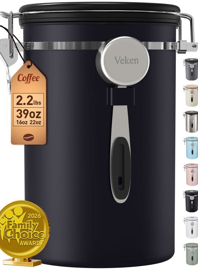 Veken Coffee Canister, 39OZ Large Christmas Coffee Lovers Gift Basket Set,Airtight Stainless Steel Food Storage Kitchen Container Gifts for 2.2lbs Beans, Ground, Sugar, Tea, Flour, Cereal,Scoop,Black - Image 1
