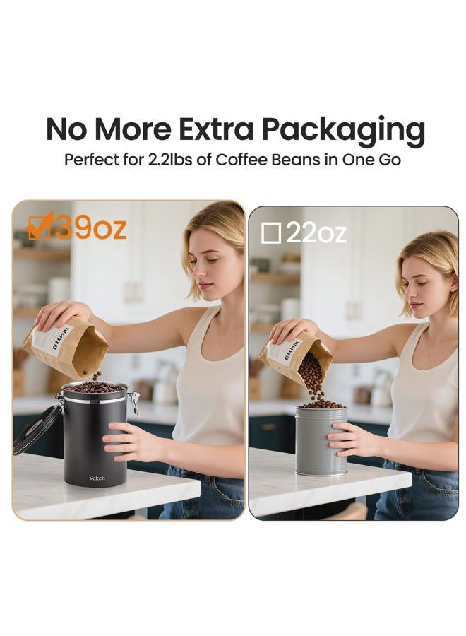 Veken Coffee Canister, 39OZ Large Christmas Coffee Lovers Gift Basket Set,Airtight Stainless Steel Food Storage Kitchen Container Gifts for 2.2lbs Beans, Ground, Sugar, Tea, Flour, Cereal,Scoop,Black - Image 3