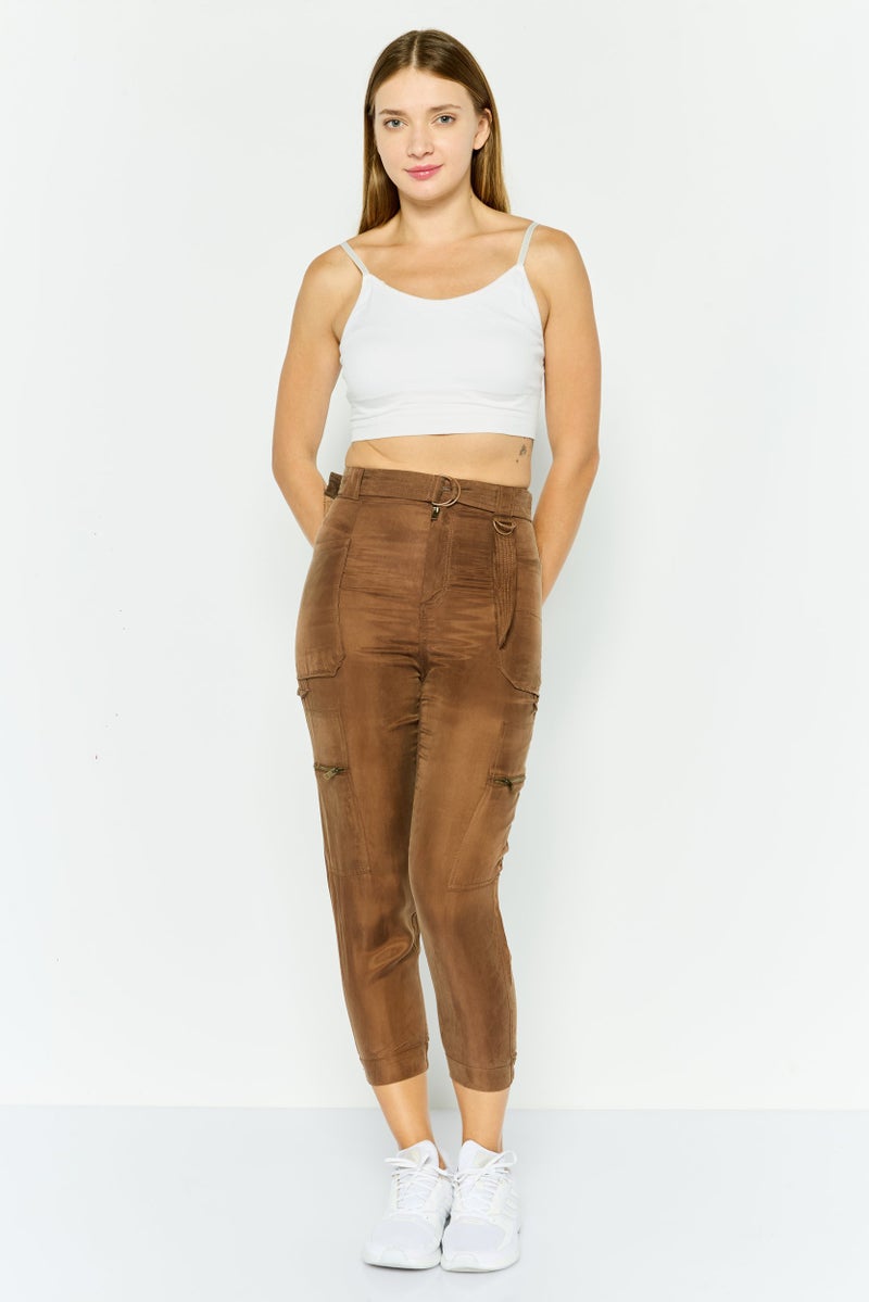 ONLY Women Regular Fit Straight Leg Plain Cargo Pants, Brown  - Image 3
