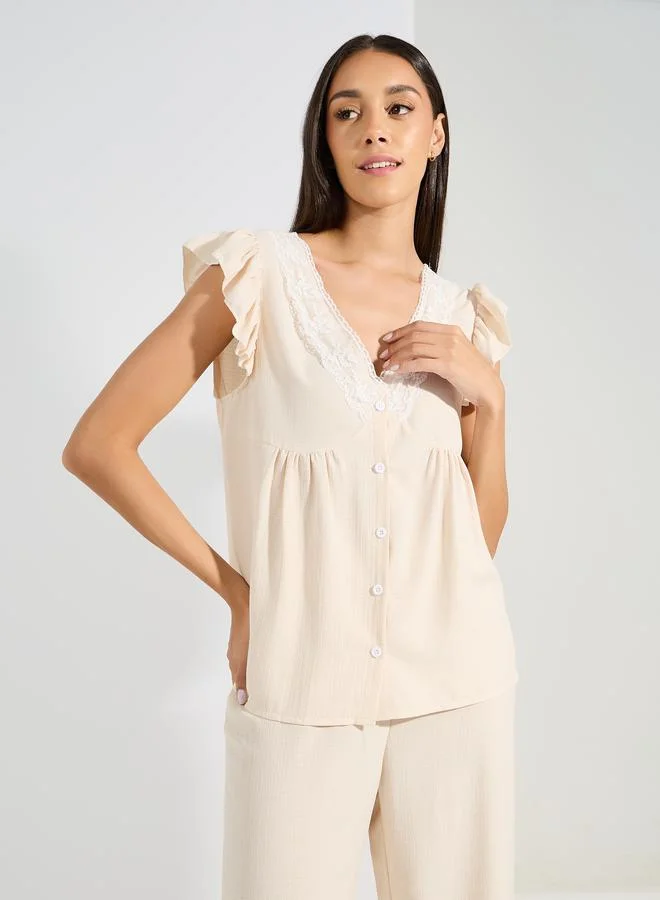 ستايلي Textured Lace Trim Ruffle Sleeves Shirt & Pyjama Set
