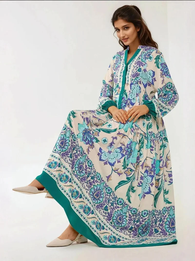 HICCUP Printed Long Sleeve Viscose Maxi Dress