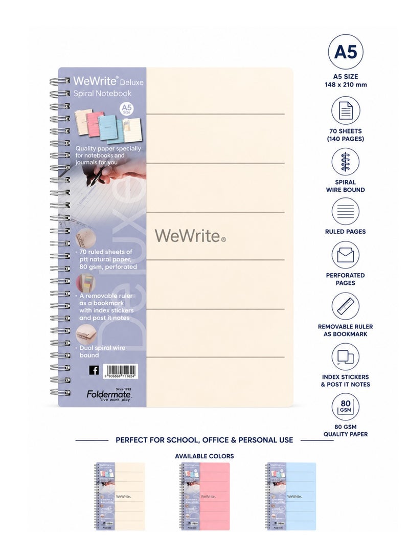 Foldermate 1-Piece A5 Size Spiral Lined Notebook 70 Sheets Assorted Colours - Image 1