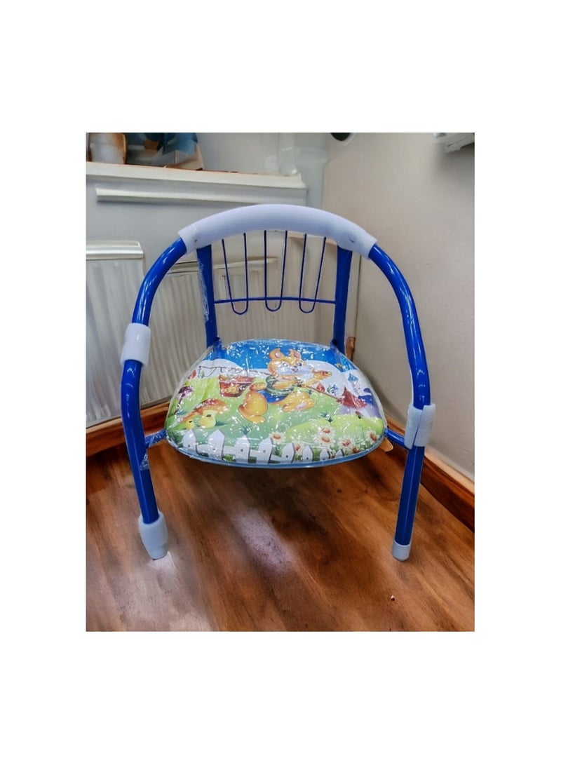 A children's chair with a multi-colored cartoon design with a metal backrest frame and a soft seating cushion