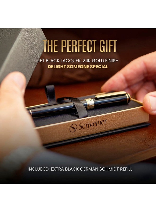 Scriveiner Black Lacquer Rollerball Pen - Stunning Luxury Pen With 24K Gold Finish, Schmidt Ink Refill, Best Roller Ball Gift Set For Men & Women, Professional, Executive Office, Nice Pens - Image 2