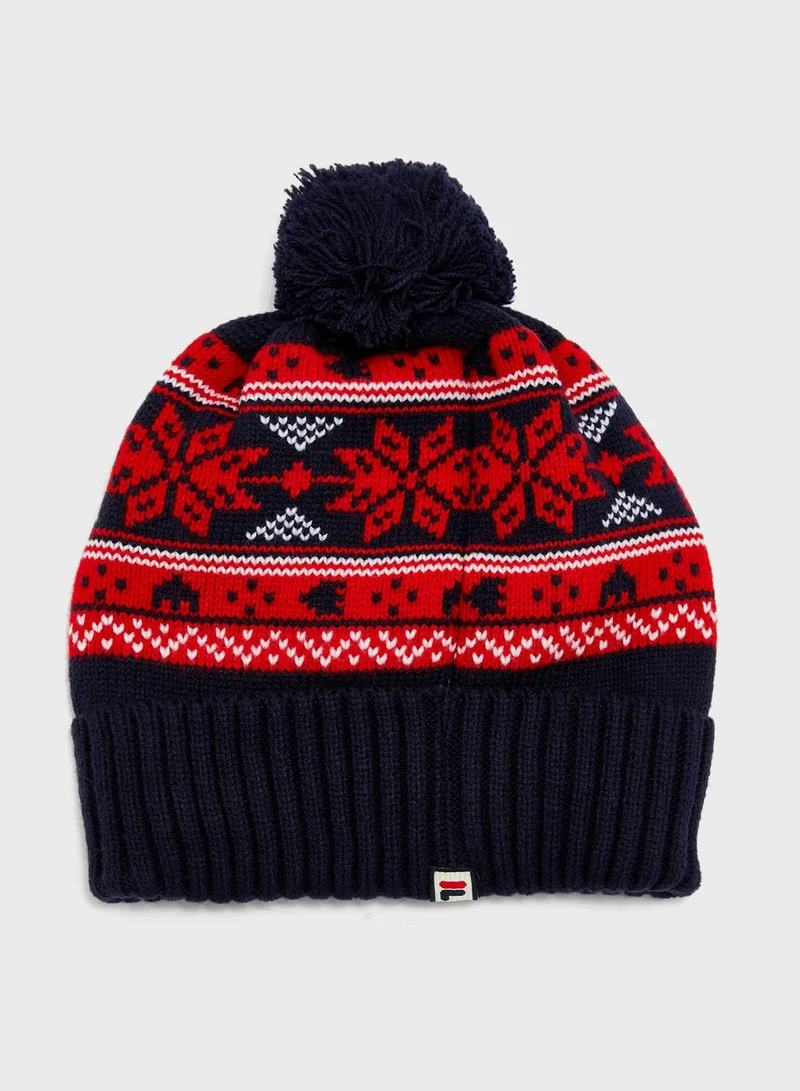 FILA Ribbed Turn Up Pom Beanie