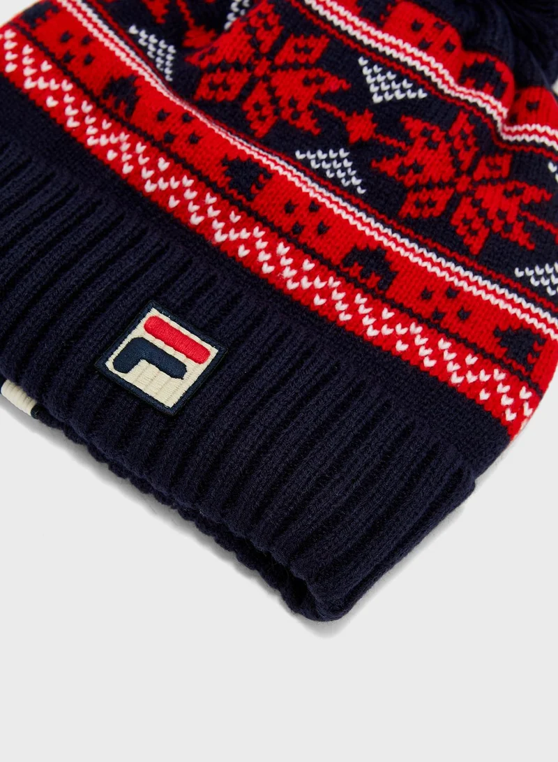 FILA Ribbed Turn Up Pom Beanie