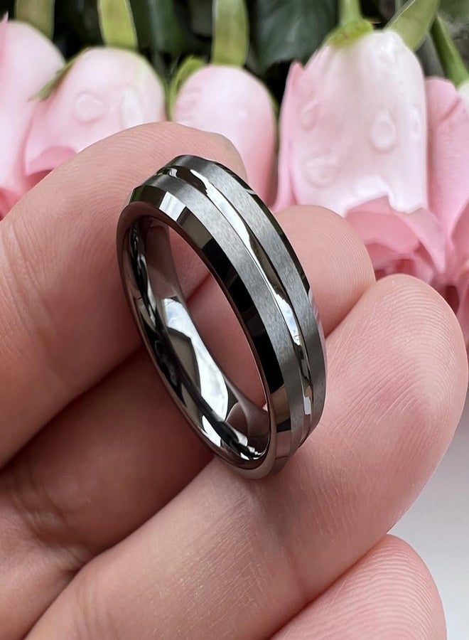 TUTISS 6mm Gunmetal Tungsten Rings for Men Women Engagement Wedding Bands Fashion Jewelry Center Grooved Matte Finish Beveled Edges Comfort Fit Size 10.5 - Image 2