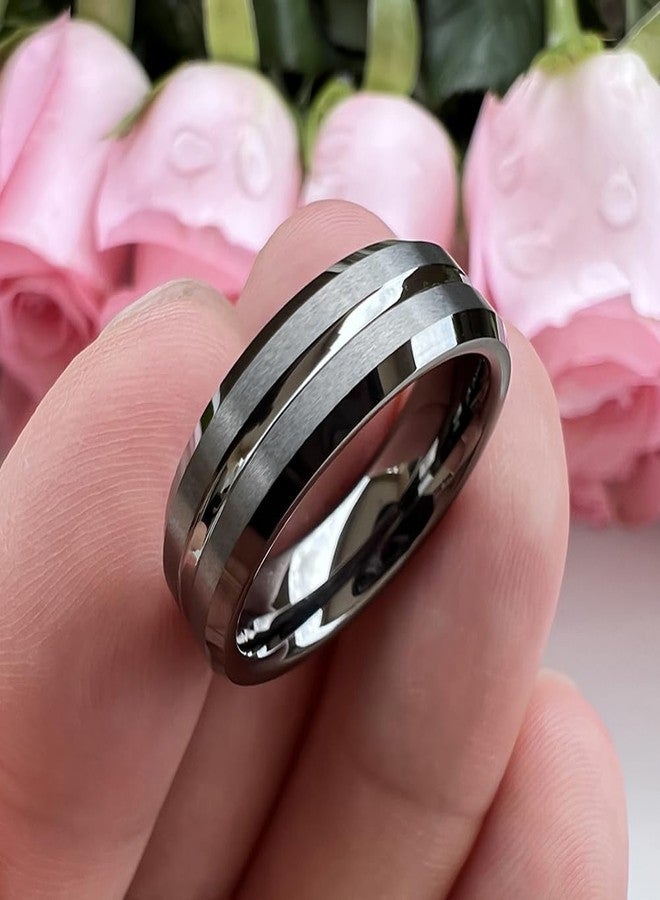 TUTISS 6mm Gunmetal Tungsten Rings for Men Women Engagement Wedding Bands Fashion Jewelry Center Grooved Matte Finish Beveled Edges Comfort Fit Size 10.5 - Image 4