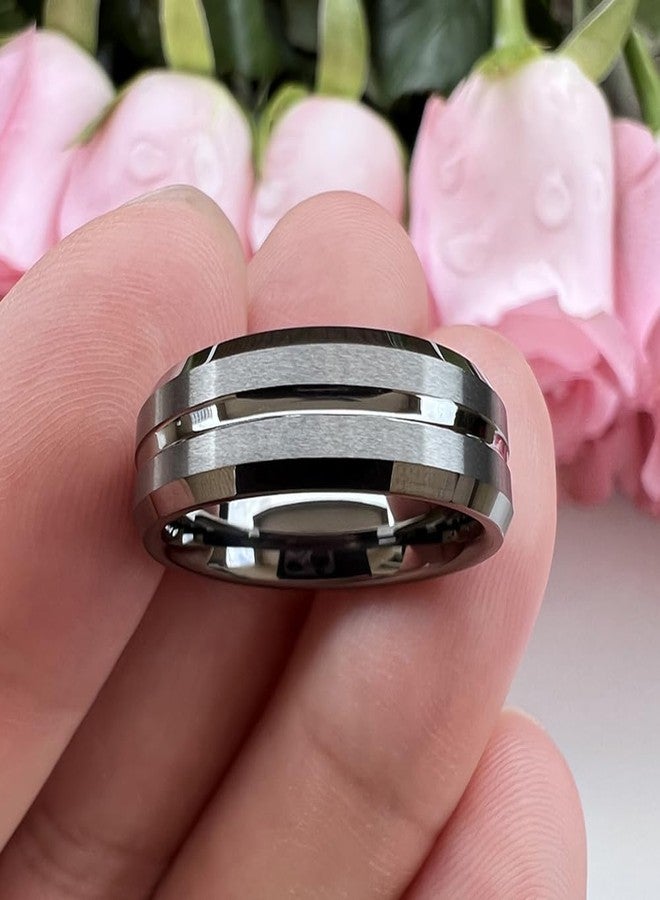 TUTISS 6mm Gunmetal Tungsten Rings for Men Women Engagement Wedding Bands Fashion Jewelry Center Grooved Matte Finish Beveled Edges Comfort Fit Size 10.5 - Image 3