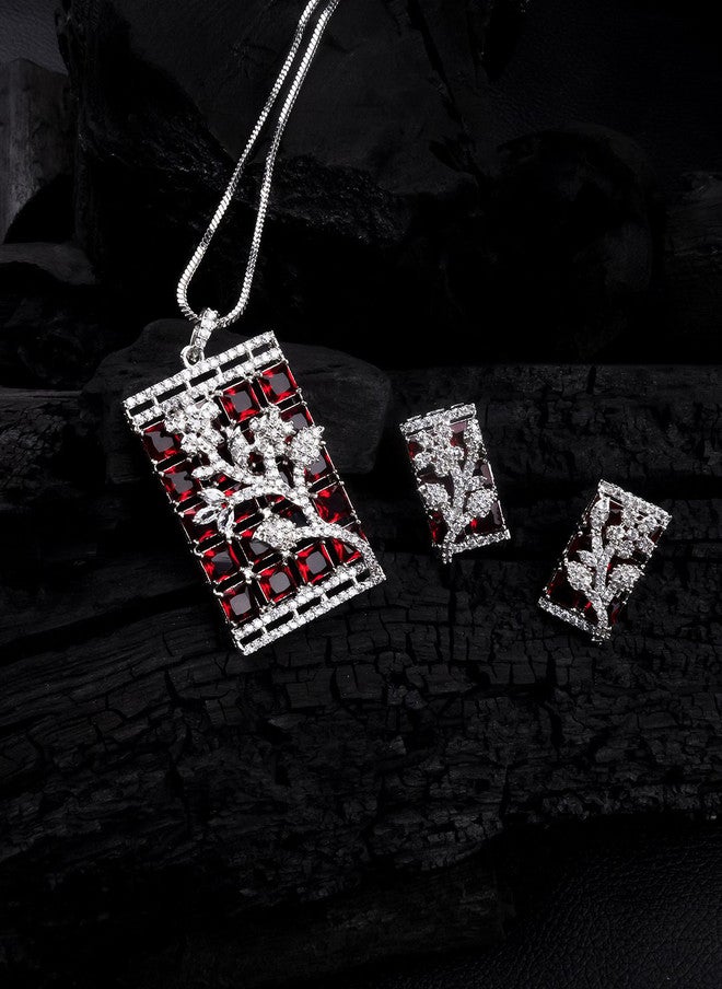 StileAdda Silver-Plated American Diamond Studded Big Square Necklace and Earrings Set - Image 1