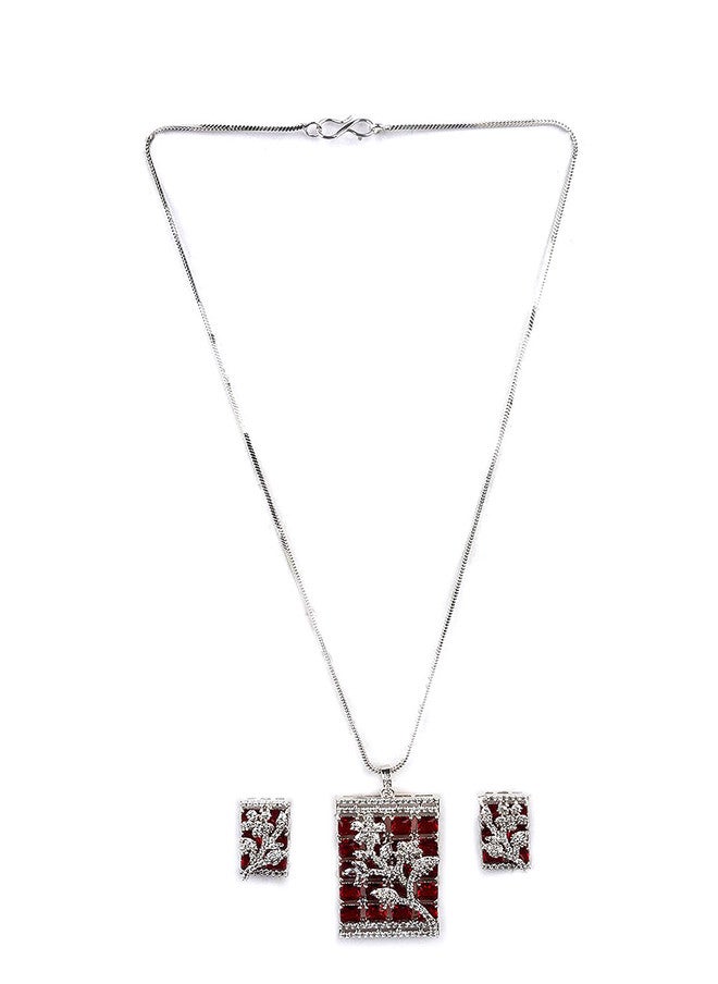 StileAdda Silver-Plated American Diamond Studded Big Square Necklace and Earrings Set - Image 2