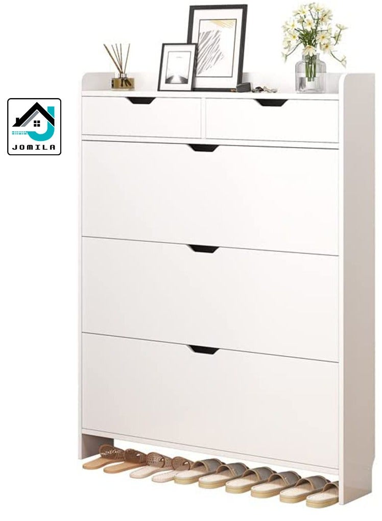 JOMILA Tipper Shoe Cabinet with Solid Wood Legs and Two Drawers - Stylish and Space-Saving Shoe Storage Solution for Narrow Doorways and Bedrooms (White) - Image 2