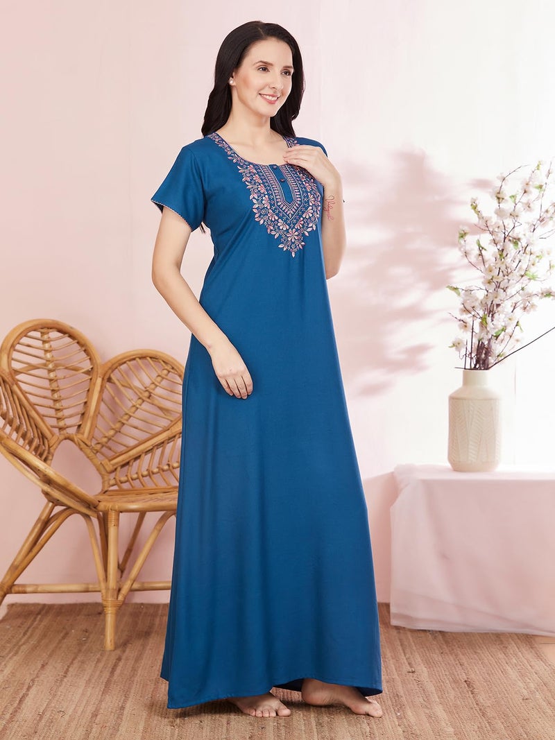 SAND DUNE A Line Nightwear in Alpine Fabric with Embroidery On The Neck and Back with A Functional Pocket Blue - Image 3