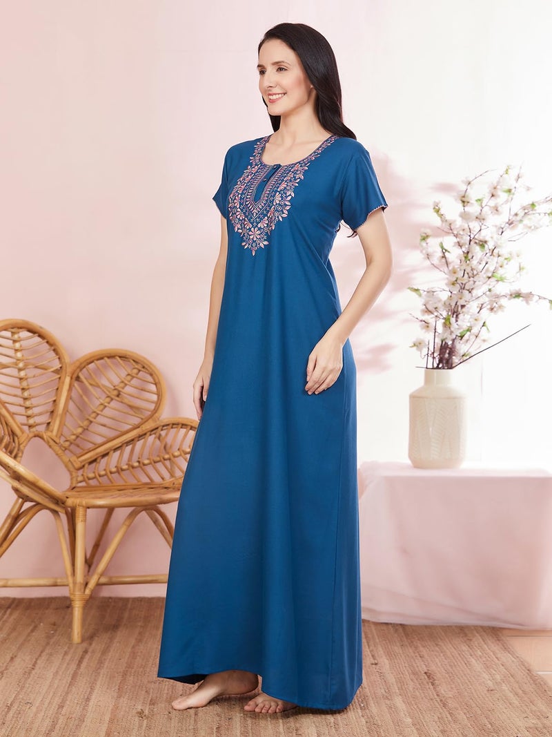 SAND DUNE A Line Nightwear in Alpine Fabric with Embroidery On The Neck and Back with A Functional Pocket Blue - Image 4