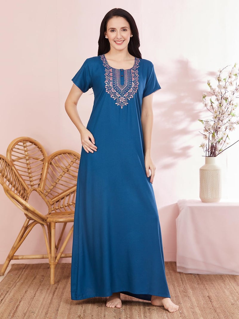 SAND DUNE A Line Nightwear in Alpine Fabric with Embroidery On The Neck and Back with A Functional Pocket Blue - Image 2