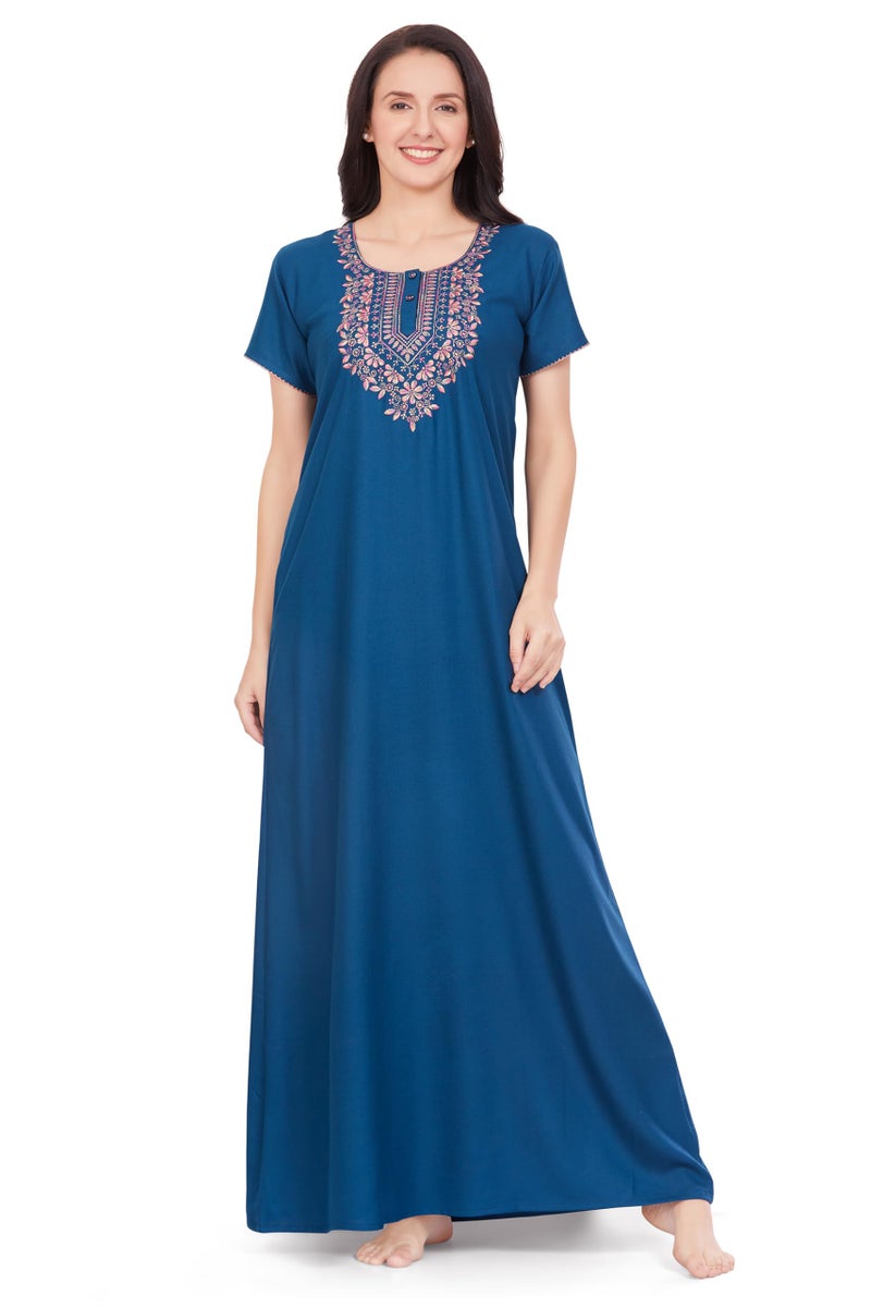 SAND DUNE A Line Nightwear in Alpine Fabric with Embroidery On The Neck and Back with A Functional Pocket Blue - Image 1
