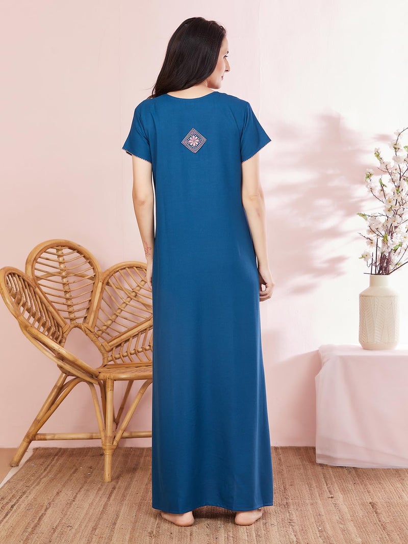 SAND DUNE A Line Nightwear in Alpine Fabric with Embroidery On The Neck and Back with A Functional Pocket Blue - Image 5
