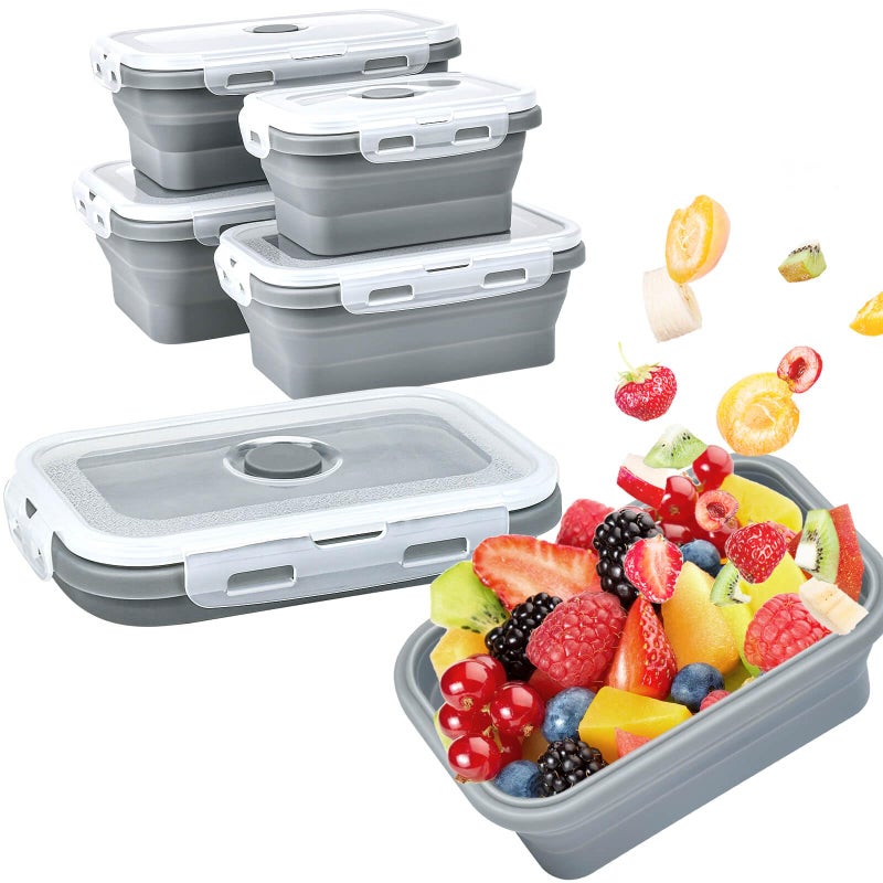 DGDUBRB Collapsible Food Storage Containers with Lids, Silicone Meal Prep Containers BPA Free, Lunch Containers Collapsible Bowls Sets for Camping Storage Containers, Microwave Freezer Dishwasher Safe, Gray - Image 1