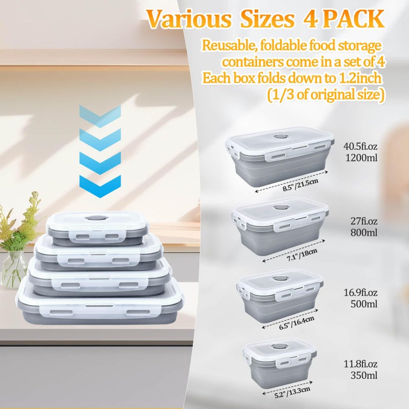 DGDUBRB Collapsible Food Storage Containers with Lids, Silicone Meal Prep Containers BPA Free, Lunch Containers Collapsible Bowls Sets for Camping Storage Containers, Microwave Freezer Dishwasher Safe, Gray - Image 2