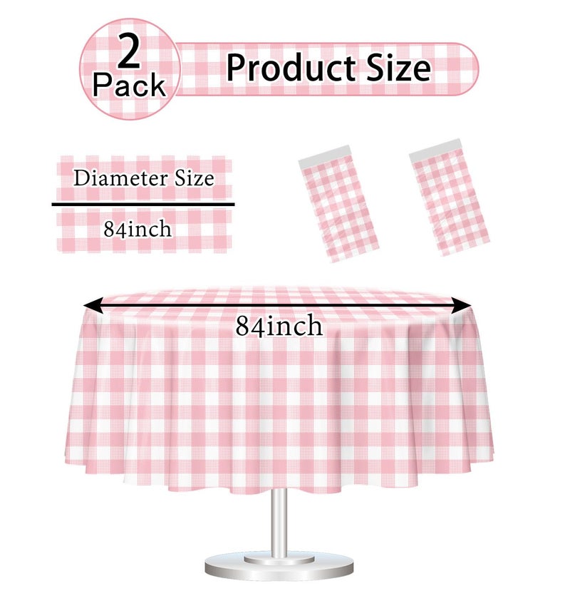 HEIPINIUYE 2 Pack Pink and White Round Checkered Tablecloth 84 × 84 Pink Plaid Table Cover Disposable Tablecloth for Round Tables Party Picnic Camping Birthday Plastic Gingham Table Cloth - Image 2
