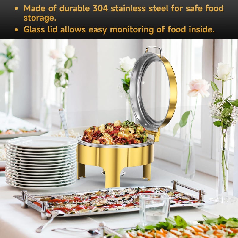 KScocina Chafing Dishes for Buffet, 6QT Round Stainless Steel Chafing Dish with Transparent Hydraulic Lid, 304 Food Pan, Buffet Warmer for Parties and Events (Golden) - Image 5