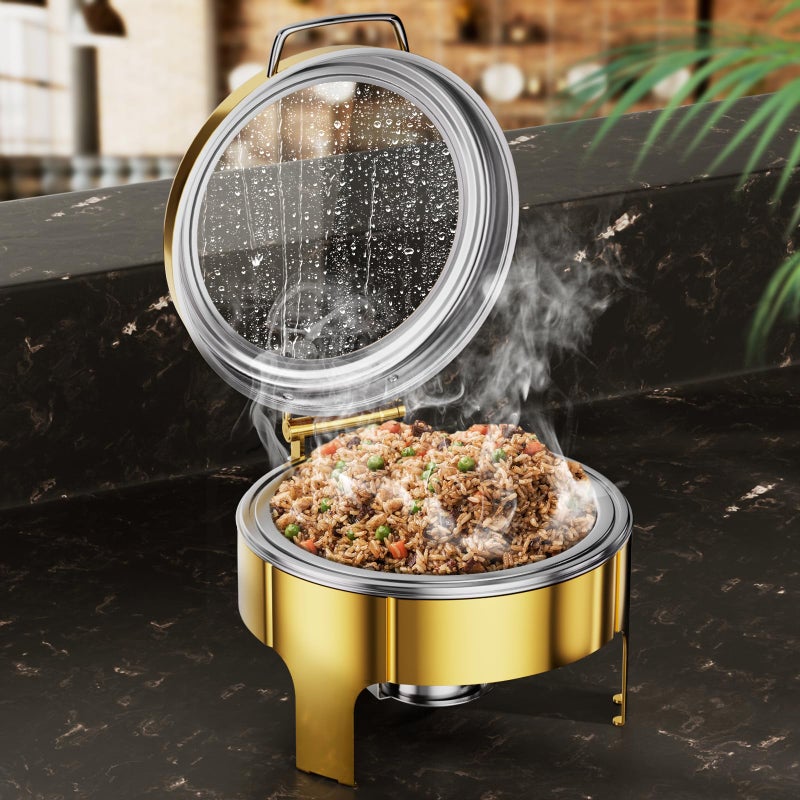 KScocina Chafing Dishes for Buffet, 6QT Round Stainless Steel Chafing Dish with Transparent Hydraulic Lid, 304 Food Pan, Buffet Warmer for Parties and Events (Golden) - Image 1