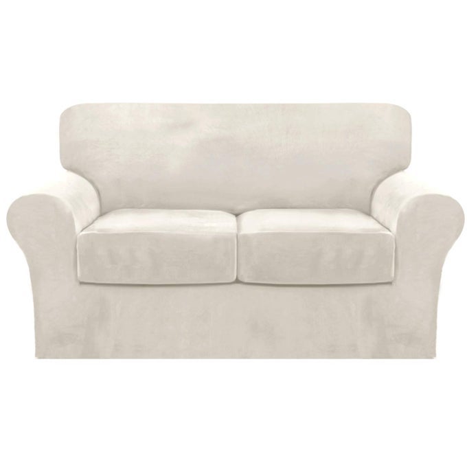 3 PIECE SOFA COVERS VELVET FOR 2 CUSHION COUCH STRETCH LOVESEAT SLIPCOVER WITH INDIVIDUAL SEAT ELASTIC FURNITURE PROTECTOR FOR PETS LOVESEAT IVORY