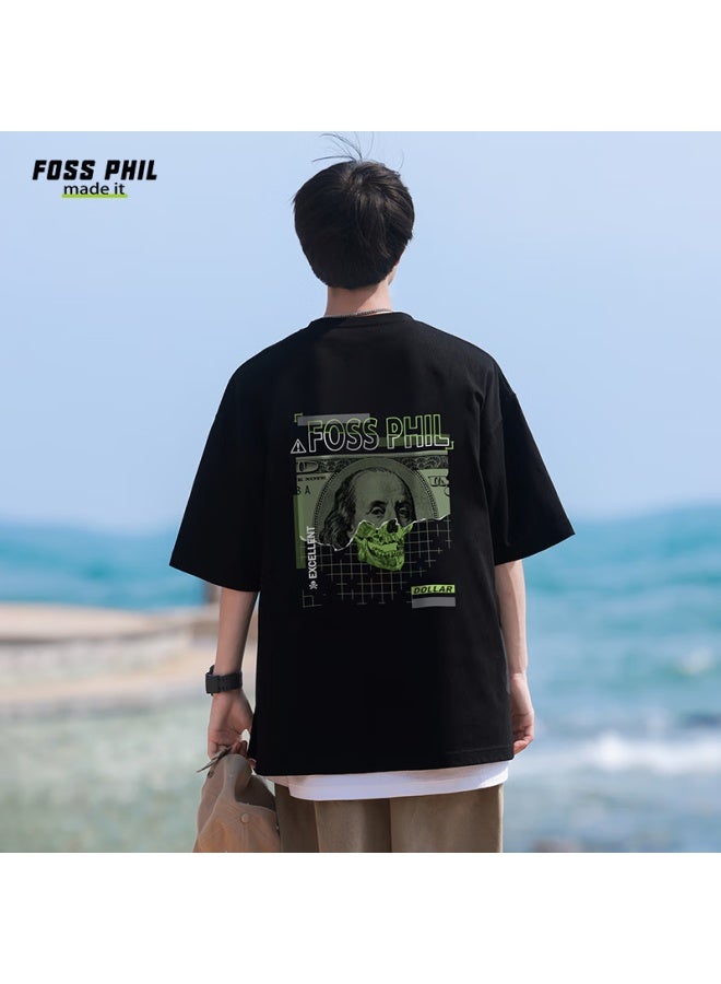 Foss Phil Short Sleeve Uni Summer Cotton Trendy Printed T-shirt Loose Fit Casual Men's Base Shirt Dt02 Black 2XL - Image 1