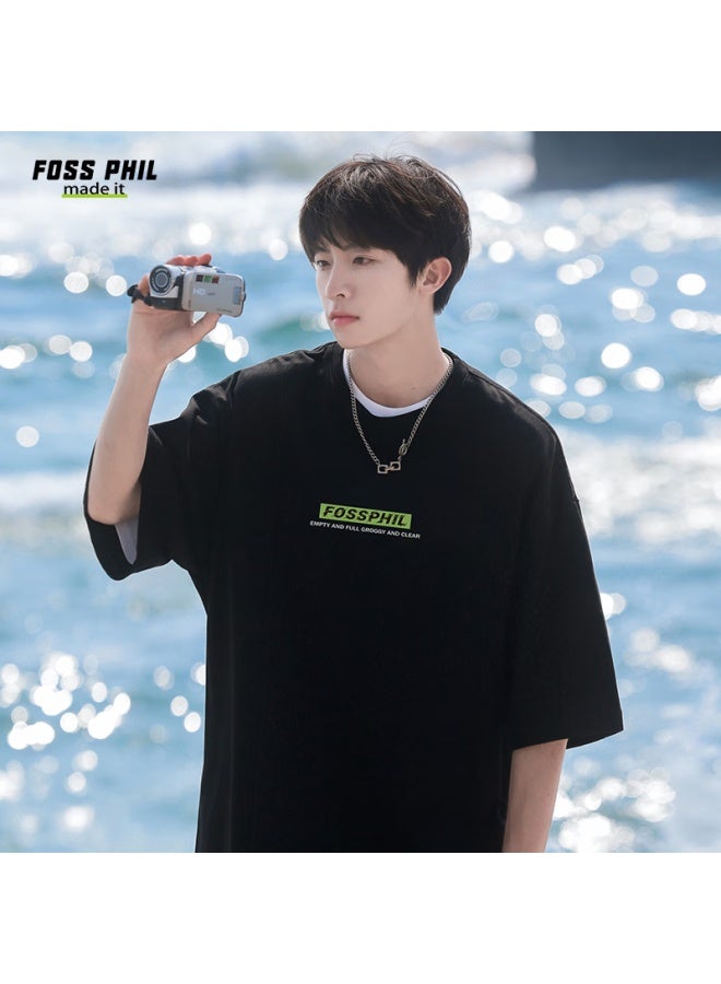 Foss Phil Short Sleeve Uni Summer Cotton Trendy Printed T-shirt Loose Fit Casual Men's Base Shirt Dt02 Black 2XL - Image 2