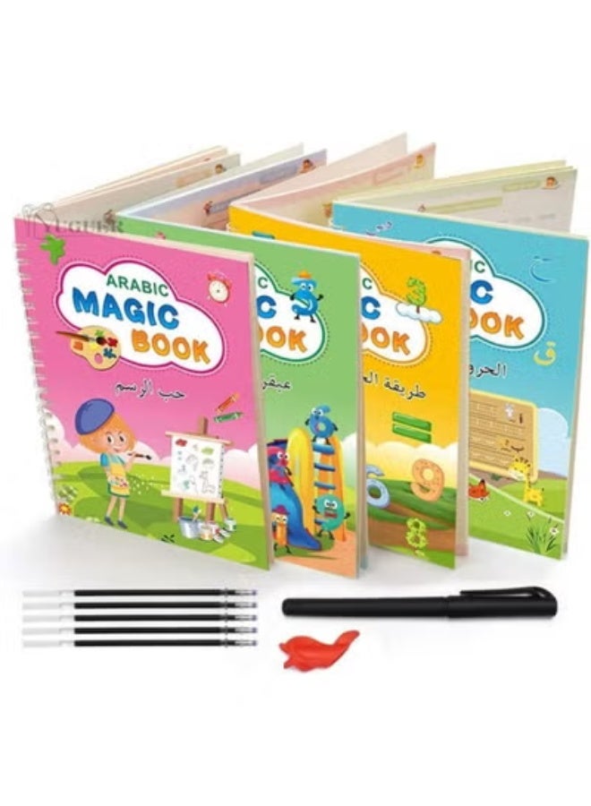 TEGRILO Arabic Handwriting Copybook, Magic Calligraphy Practice Book For Kids, Reusable Tracing Practice kit. Included Easy Grip Pen & Refill 4 books Math Numbers Arabic Alphabet Drawing (A4) - Image 1