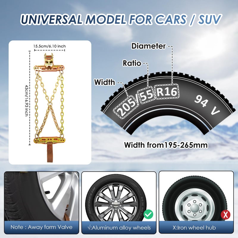 Qoosea Tire Chains Snow Chains for Car & SUV Cross - Link Heavy - Duty 6Pcs Universal Anti-Slip Chains for Tires Durable Snow Tire Chains Tire Cables - Image 3